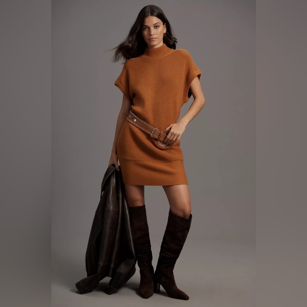 Anthropologie Camel Short-Sleeve Mock-Neck Sweater Mini Dress Size Large